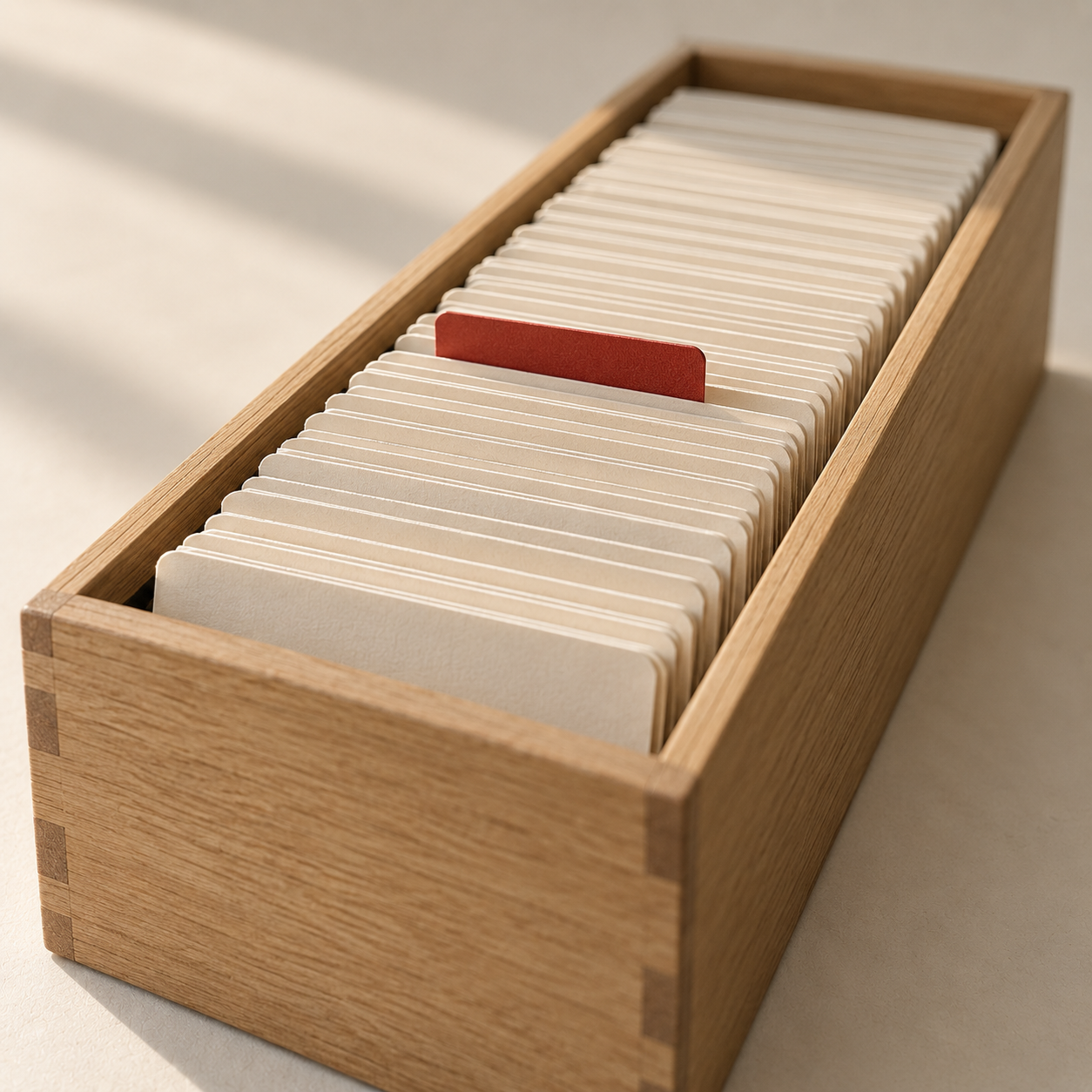 A card file with one red divider