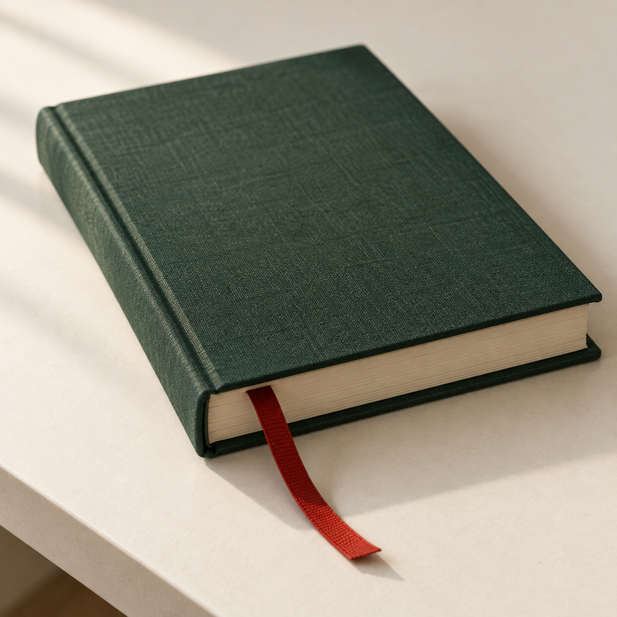 A closed ledger with a red ribbon bookmark