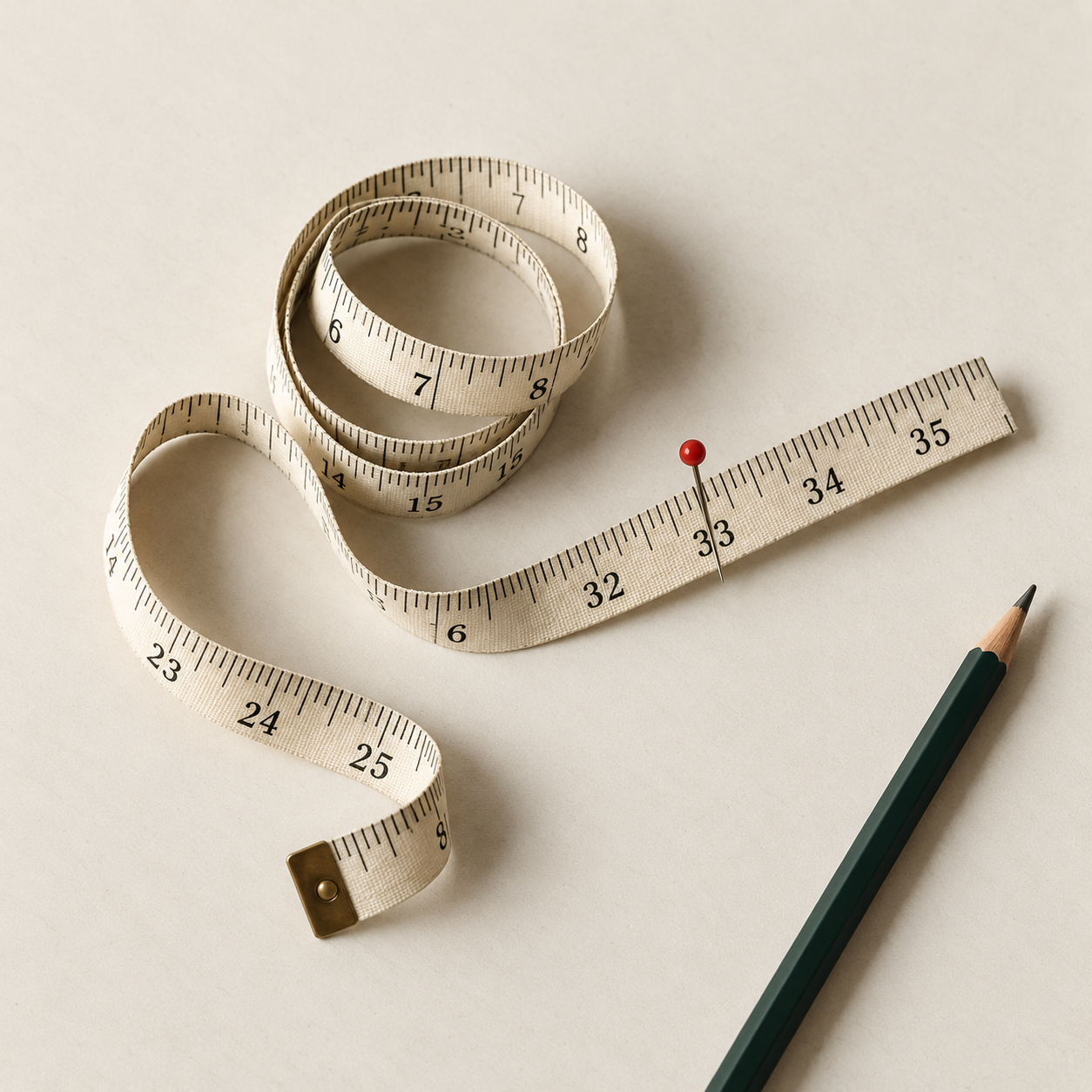 A tailor's measuring tape with one red pin